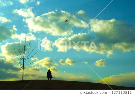 The silhouette of a mother watches from the top of a hill as her child plays with a kite until the sun goes down. 127313811