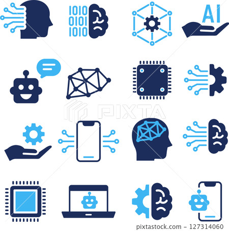 Set of silhouette icons related to AI in two colors of blue 127314060