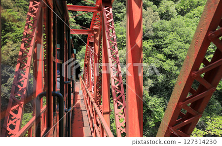 Minetopia Besshi, a mine sightseeing train crossing the Utsukake iron bridge Minetopia Besshi, a mine sightseeing train crossing the Utsukake iron bridge 127314230