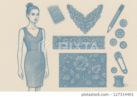 Detailed fashion illustration with lace samples, sewing tools, and dress design elements, crafted for tailoring themes, garment making, and textile inspiration 127314401