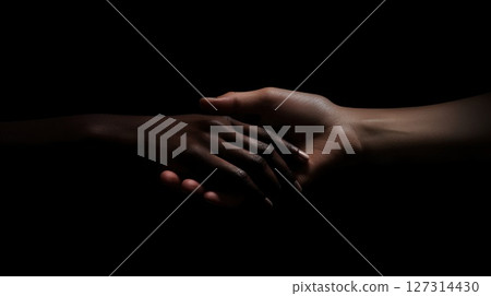 Two hands of different skin tones gently connect in deep shadows, expressing unity, support, and emotional human connection Two hands of different skin tones gently connect in deep shadows, expressing unity, support, and emotional human connection 127314430