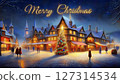Christmas card. Cozy winter houses in Scandinavian style. Editable illustration for Christmas invitation, card and website banner. Scandinavian architecture.  127314534
