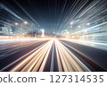High speed with binary code numbers on motion blurred path or track, speed and faster digital matrix technology information concept. 127314535