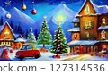 Christmas card. Cozy winter houses in Scandinavian style. Editable illustration for Christmas invitation, card and website banner. Scandinavian architecture.  127314536