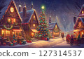 Christmas card. Cozy winter houses in Scandinavian style. Editable illustration for Christmas invitation, card and website banner. Scandinavian architecture.  127314537