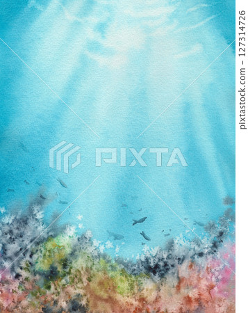 Handmade blue underwater watercolor background with corals and fishes. Rays of light under water in the sea. Handmade blue underwater watercolor background with corals and fishes. Rays of light under water in the sea. 127314726