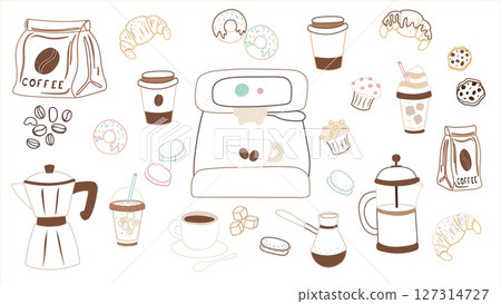 Vector set of coffee drinks and desserts in stroke style Vector set of coffee drinks and desserts in stroke style 127314727