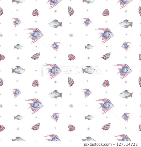 Hand drawn watercolor nautical pattern in blue. Fish and pearls in a repeating seamless pattern with sea life. 127314728
