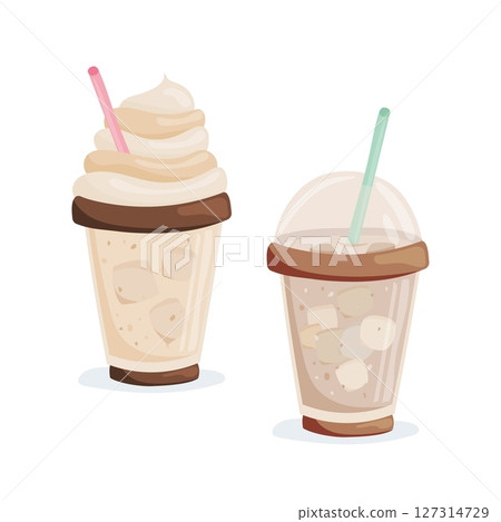 Vector illustration of iced coffee drinks in plastic cups Vector illustration of iced coffee drinks in plastic cups 127314729