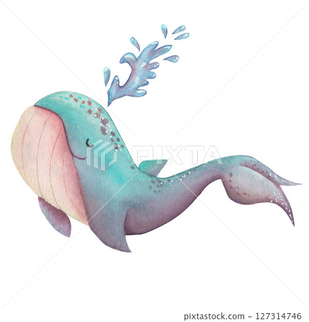 Watercolor whale releasing fountain in mint, blue color. Whimsical illustration for kids. 127314746