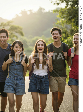 A moment in nature with smiling young people walking A moment in nature with smiling young people walking 127314749