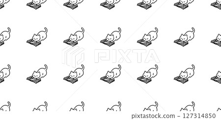 cat seamless pattern reading book kitten calico doodle cartoon pet animal illustration tile background gift wrapping paper repeat wallpaper white scarf isolated 127314850