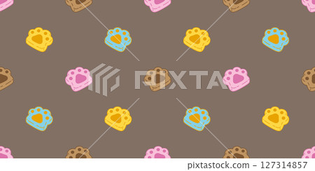 dog paw seamless pattern cookie biscuit cat footprint cracker pet bakery vector puppy kitten cartoon doodle wallpaper tile background gift wrapping paper repeat scarf isolated illustration design 127314857