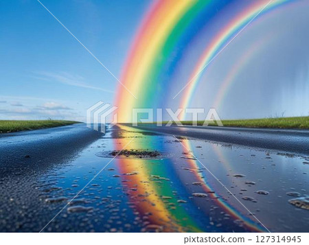 藍天上的彩虹和水坑 藍天上的彩虹和水坑 127314945