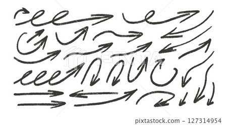 Arrows lines charcoal drawn. Straight and curved thin pointers doodle elements set. Scribble freehand arrow markers Vector illustration by pencil. Grunge chalk freehand graphic on white background 127314954