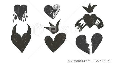 Broken hearts with crowns and devil horns crayon textured set. Breakup marker doodles isolated on white background. Love naive sketch hand drawn painting elements. Vector heartbreak illustration 127314960