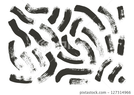 Makeup mascara wavy brush stroke lines. Hand drawn black ink vector long shapes. Paintbrush linear scribble elements set isolated on white background. Marker thick grunge curved strips Makeup mascara wavy brush stroke lines. Hand drawn black ink vector long shapes. Paintbrush linear scribble elements set isolated on white background. Marker thick grunge curved strips 127314966
