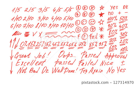 Exam grade marks doodle style set. School test results different hand drawn sings. Teacher scores of student homework. Vector handwritten scribble academic rating symbols isolated on white background Exam grade marks doodle style set. School test results different hand drawn sings. Teacher scores of student homework. Vector handwritten scribble academic rating symbols isolated on white background 127314970