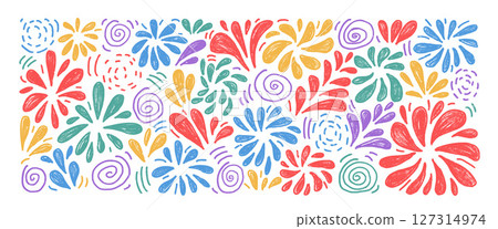 Fireworks set. Festive fireworks crayon on a white background. Red, blue and purple children's doodles. Splashes and circular flashes. Hand drawn vector illustration 127314974