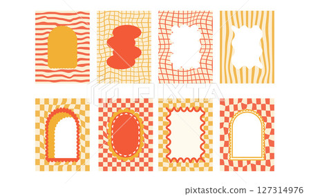 Retro funky arch and geometric frames with groovy checkerboard background. Set of fun vintage orange color borders with scallop edges. Text boxes and callout templates. Vector illustration 127314976