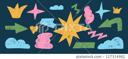 Playful geometric shapes crayon drawn set. Stars, crown, arrows and vector figures by pencil Organic colorful playful stickers doodle isolated on dark background. Graphic hand drawn funky elements Playful geometric shapes crayon drawn set. Stars, crown, arrows and vector figures by pencil Organic colorful playful stickers doodle isolated on dark background. Graphic hand drawn funky elements 127314982