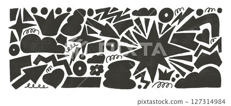 Abstract geometric shapes linocut drawn set. Stars, crown, arrows and vector figures by marker. Organic linocut squiggles stickers doodle isolated on white background. Graphic grunge elements 127314984