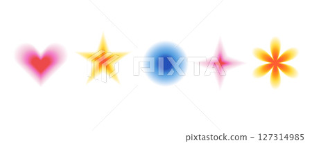 Blur gradient geometric shape set. Y2k retro heart, star and circle with flower forms. Colorful gradation icons on white background. Trendy effect with blue pink, yellow texture. Vector illustration 127314985