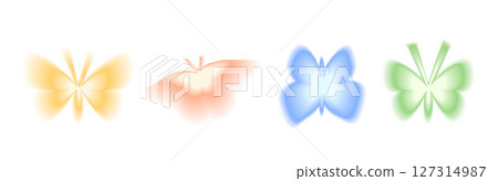 Blur gradient butterfly shape set. Y2k retro flying forms. Colorful butterflies icons on white background. Trendy effect with blurry texture. Vector illustration 127314987
