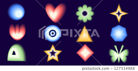 Blur neon gradient geometric shapes set. Y2k retro heart, butterfly and circle with flower. Colorful bright gradation star, arch on dark background. Trendy blurry textured forms. Vector illustration Blur neon gradient geometric shapes set. Y2k retro heart, butterfly and circle with flower. Colorful bright gradation star, arch on dark background. Trendy blurry textured forms. Vector illustration 127314988
