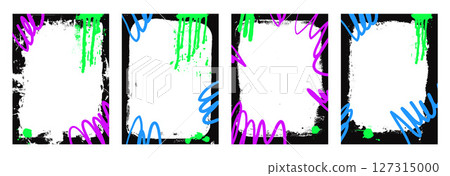 Grunge frame template posters. Graffiti spray art layout background frames. Border with airbrush paint lines. Ink punk decor for photo. Retro texture banners set overlay. Vector hip hop illustration 127315000