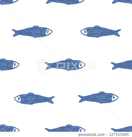 Crayon fish seamless pattern. Sardines hand drawn endless background. Nautical repeat cover. Sea continuous ornament. Surface pattern design water motif. Vector simple illustration 127315005