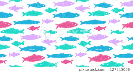 Crayon fish school seamless pattern. Sardines hand drawn endless background. Nautical repeat cover. Sea colorful continuous ornament. Surface pattern design water motif. Vector illustration 127315006