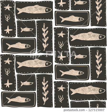 Crayon fish seamless pattern. Sardines hand drawn bento grid endless background. Nautical repeat cover. Sea patchwork continuous ornament. Surface pattern design seaweeds motif. Vector illustration 127315007