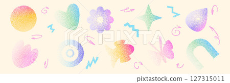 Grain various colors noise gradient geometric shape set. Y2k iridescent heart, drop and arch with flower forms. Gritty grunge butterfly and fish icons on beige background. Vector illustration 127315011