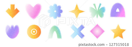 Y2k rainbow gritty pastel gradation arch, heart and arrow with flower forms. Sand dotwork gradient geometric shape. Butterfly and star noise icons on white background. Vector illustration Y2k rainbow gritty pastel gradation arch, heart and arrow with flower forms. Sand dotwork gradient geometric shape. Butterfly and star noise icons on white background. Vector illustration 127315018