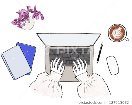 Illustration of a hand typing on a laptop 127315082