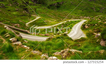 A narrow road winds sharply through a verdant, hilly landscape. Rocks and tall grass grow alongside the road. The Gap of Dunloe shows its beautiful scenery. 127315254