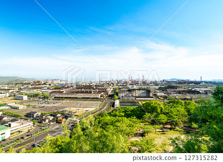 View of the Mizushima coastal industrial area on a clear day during the rainy season as seen from Mount Kamejima 9 Kurashiki City, Okayama Prefecture 127315282