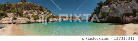 A panoramic view of Cala Macarelleta in Menorca, Balearic Islands, Spain. 127315311