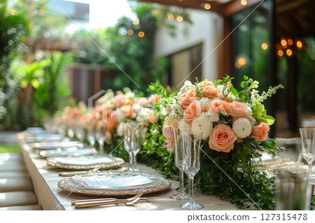 Luxurious Outdoor Wedding Table With Roses Luxurious Outdoor Wedding Table With Roses 127315478