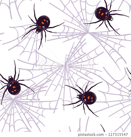 Spider black widow Latrodectus occidentalis hangs on the web. Vector seamless pattern with black spider in flat style. Dangerous poisonous insect. Halloween background. 127315547
