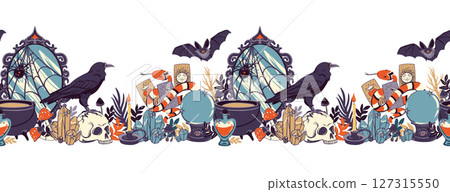 Seamless horizontal pattern with occult objects. Witchcraft, astrological, esoteric, magic symbols. Vector border with mirror, cauldron, skull, potion, raven, snake, crystal, fortune-telling ball. Seamless horizontal pattern with occult objects. Witchcraft, astrological, esoteric, magic symbols. Vector border with mirror, cauldron, skull, potion, raven, snake, crystal, fortune-telling ball. 127315550