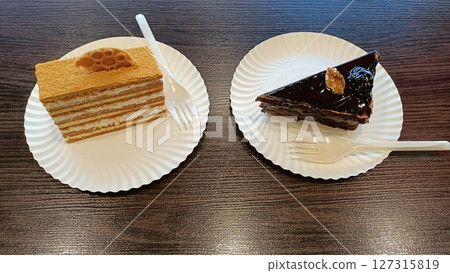 Indulge in these Delicious Layered and Decadent Chocolate Cake Slices on Elegant Paper Plates 127315819