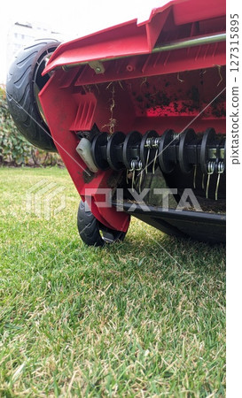 Grass lawn scarification combing machine Removing old dry grass from the lawn 127315895