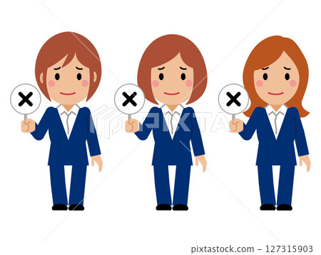 A young woman in a navy blue suit holding up a wrong answer card A young woman in a navy blue suit holding up a wrong answer card 127315903