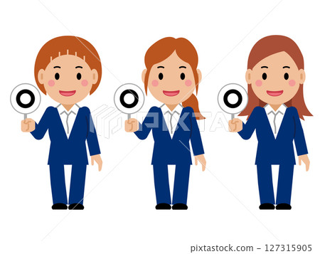 A young woman in a navy blue suit holds up the correct answer card. Part 2 A young woman in a navy blue suit holds up the correct answer card. Part 2 127315905