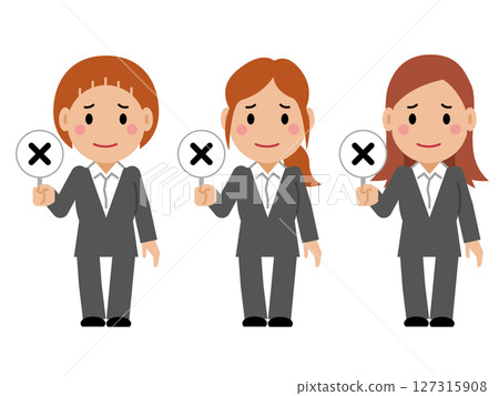 A young woman in a gray suit holds up her incorrect answer card. Part 2 127315908