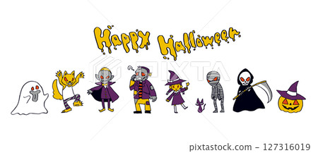 A set of hand-drawn illustrations and cutouts of pop and unique Halloween characters 127316019