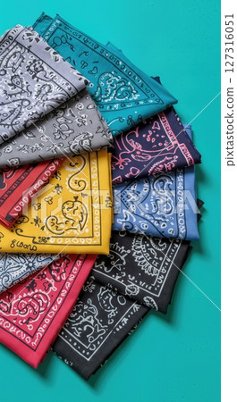 Vibrant Multicolor Paisley Bandana Collection Arranged in Fan Shape on Turquoise Background, Classic Cotton Kerchiefs in Assorted Colors for Fashion, Crafts, and Western Decor 127316051