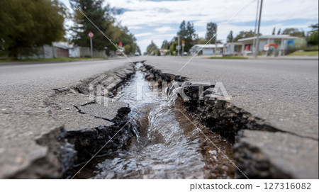 Cracks appear in the roads, water pipes burst, and water gushes out 127316082